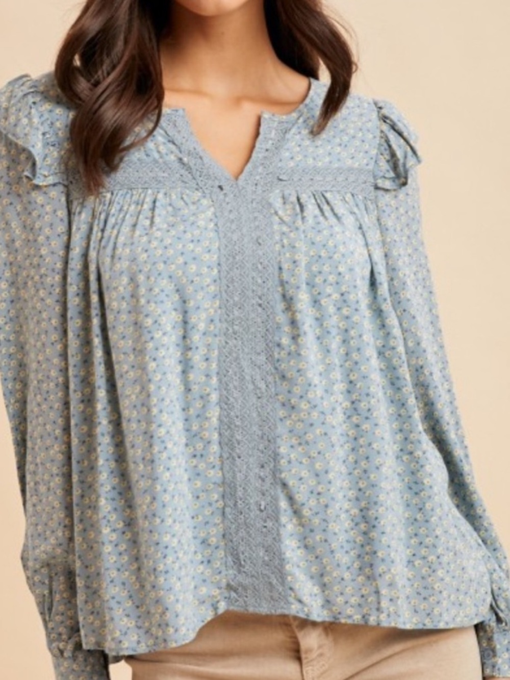 NWT Blue Floral Long Sleeve Lace-Trim Peasant Blouse sz SM